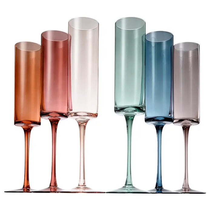 Muted Rainbow Champagne Flute Stemmed Glasses Set of 6