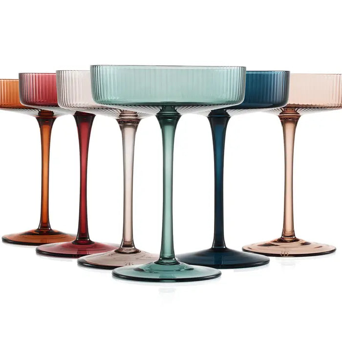 Art Deco Ribbed Pastel Coupe, & Cocktail Glasses - 6 Set