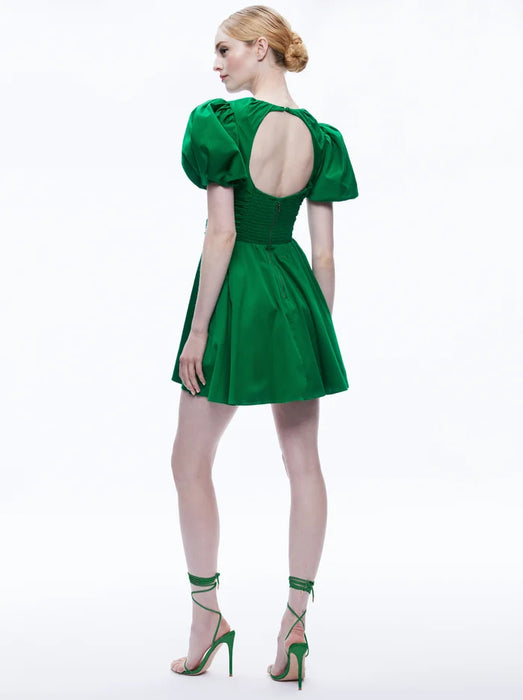Alice and Olivia Kylan Puff Sleeve Mini Dress (emerald)