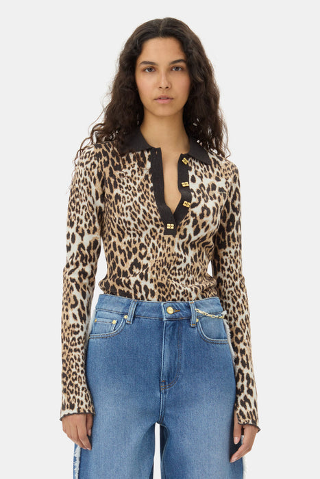 Ganni Fine Merino Jacquard Leopard Polo Top