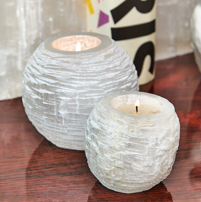 Selenite Crystal Sphere Candleholder set of 3