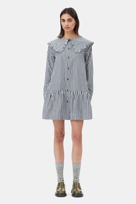 Ganni Stripe Cotton Big Collar Mini Shirt Dress